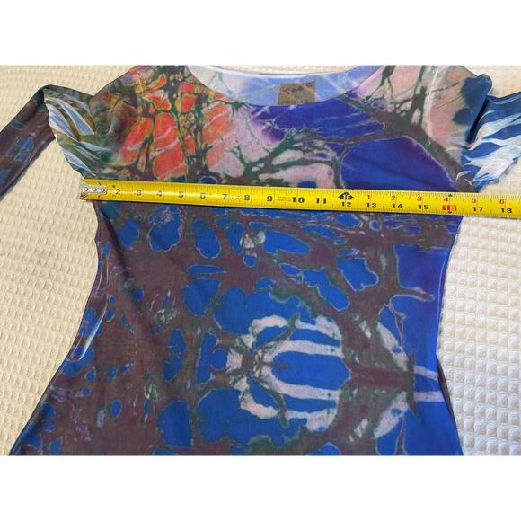 Tee's by Viviana G Y2K Boho Mesh Long Sleeve Handkerchief Hem Blue Printed Top M - Picture 6 of 11